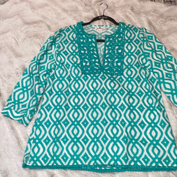 Vineyard Vines Scribble Lattice V-Neck Teal Tunic Top Blouse 100% Cotton - Picture 3 of 9